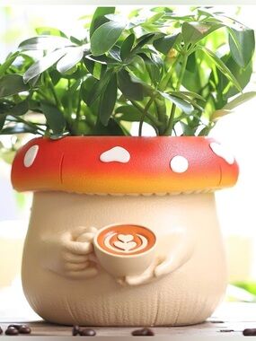 New Cute 6” Latte Art Mushroom Planter Pot w/Drainage Plug